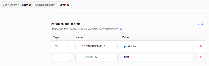 Cloudflare Pages에 HUGO_VERSION 0.165.0과 HUGO_ENVIRONMENT production을 설정한 화면