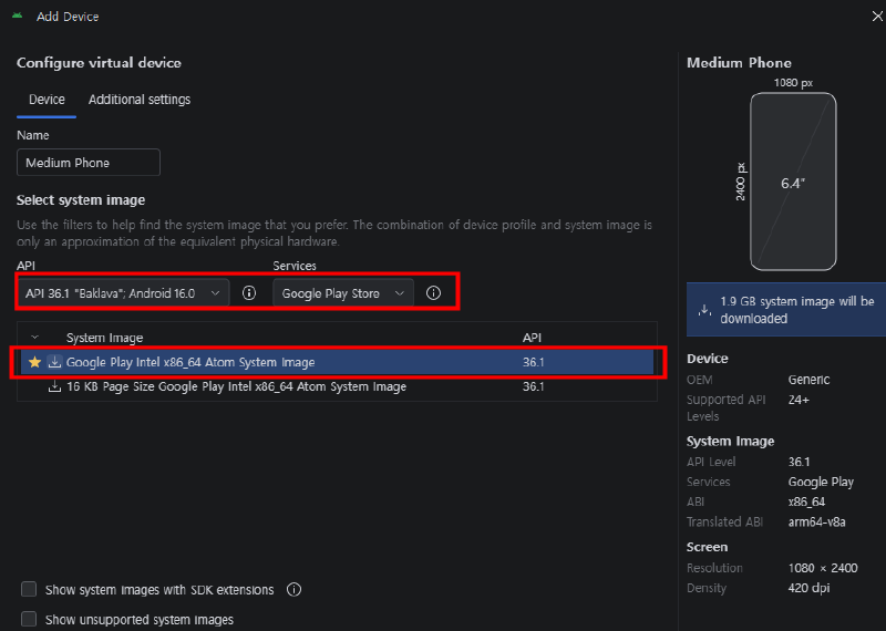Android Emulator의 Android 16 API 36.1 Google Play 시스템 이미지 선택 화면