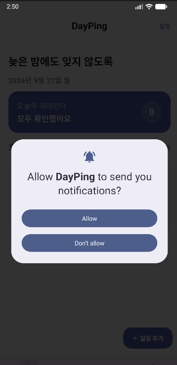 DayPing이 알림 권한을 요청하는 화면