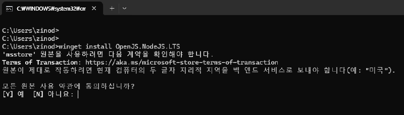 winget으로 Node.js LTS 설치를 시작한 화면