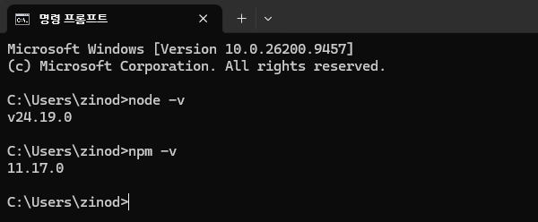 Windows에서 Node.js와 npm 버전을 확인한 화면