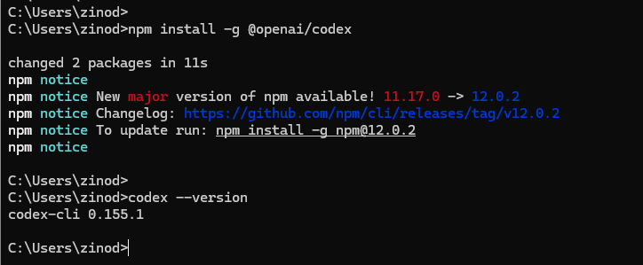 npm으로 Codex CLI를 설치하고 버전을 확인한 화면