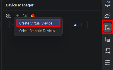 Device Manager에서 가상 기기 생성을 시작하는 화면