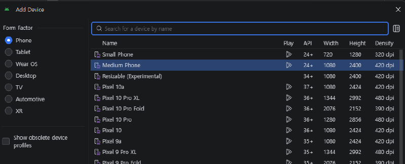 Android Emulator 기기 프로필을 선택하는 화면