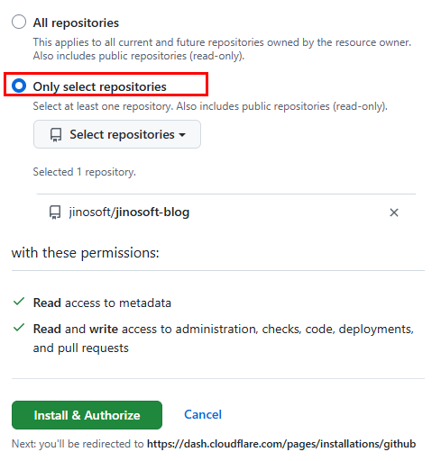 Cloudflare GitHub App에 jinosoft-blog 저장소만 선택해 접근 권한을 부여하는 화면
