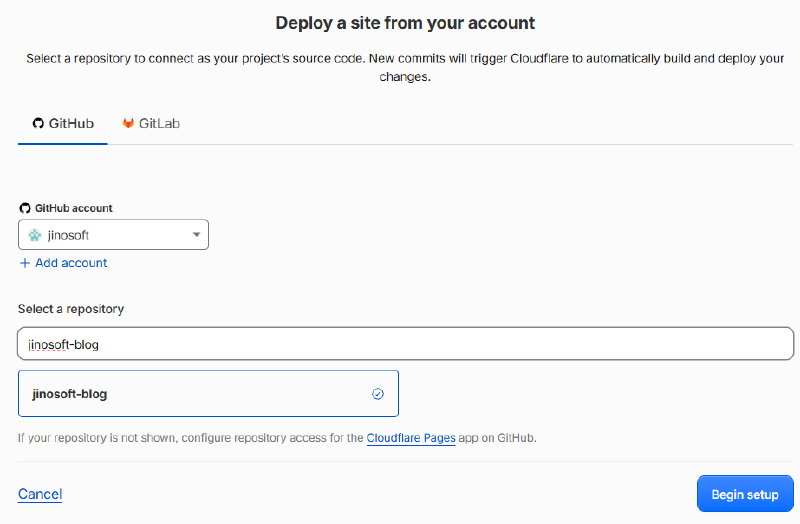Cloudflare Pages에서 배포할 GitHub 저장소를 선택하는 화면
