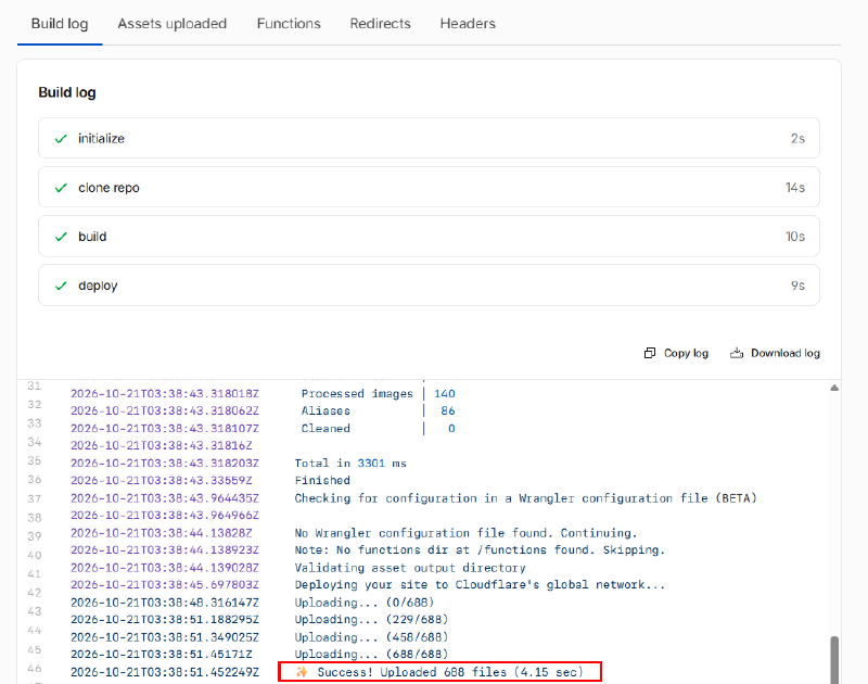Hugo 빌드와 정적 파일 업로드가 모두 완료된 Cloudflare Pages 배포 로그