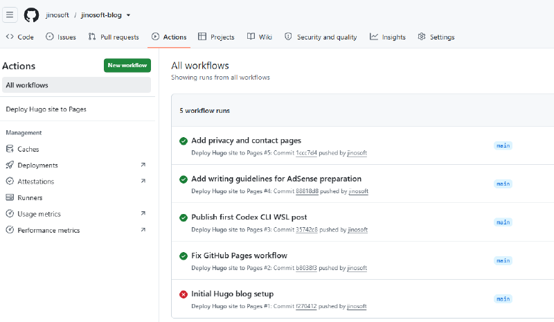 GitHub Actions에서 Hugo 배포 작업이 실행되는 화면