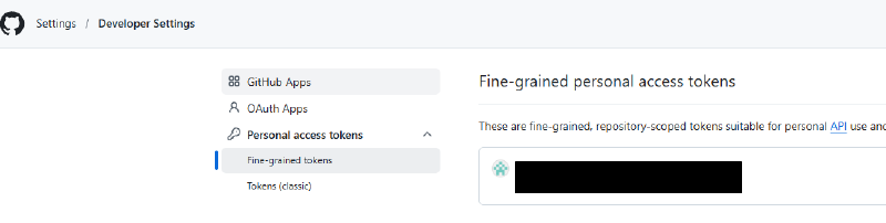 GitHub Developer Settings에서 Fine-grained Personal Access Token을 확인하는 화면