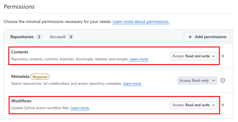 Fine-grained Personal Access Token의 Contents와 Workflows 권한 설정 화면