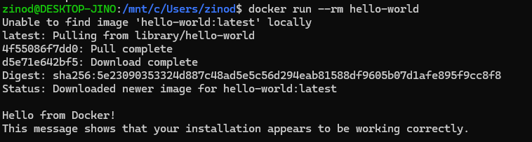hello-world 이미지 다운로드 후 Hello from Docker 메시지가 출력된 화면