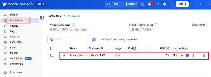 Docker Desktop의 Containers 목록에 WSL에서 실행한 test-container가 표시된 화면