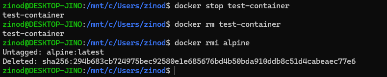 test-container를 중지하고 컨테이너와 Alpine 이미지를 삭제한 화면