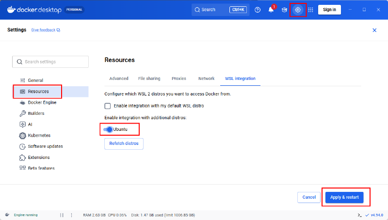 Docker Desktop의 WSL integration에서 Ubuntu를 활성화하고 Apply & restart를 선택한 화면