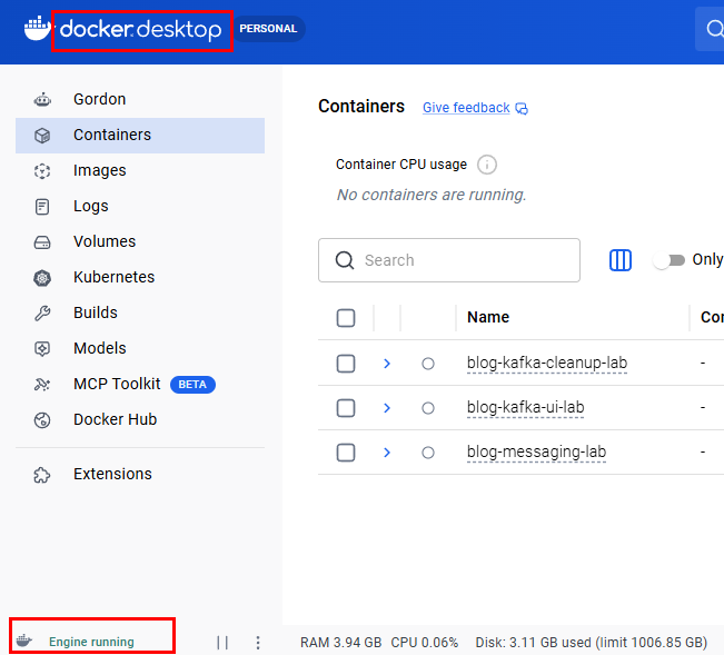 Windows Docker Desktop 하단에 Engine running이 표시된 화면