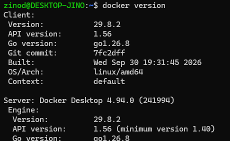 WSL에서 Docker Client와 Server 버전이 모두 출력되어 엔진 연결을 확인한 화면