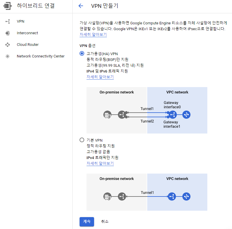 HA VPN과 기본 VPN 선택 화면