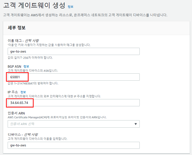 첫 번째 AWS Customer Gateway 생성 화면