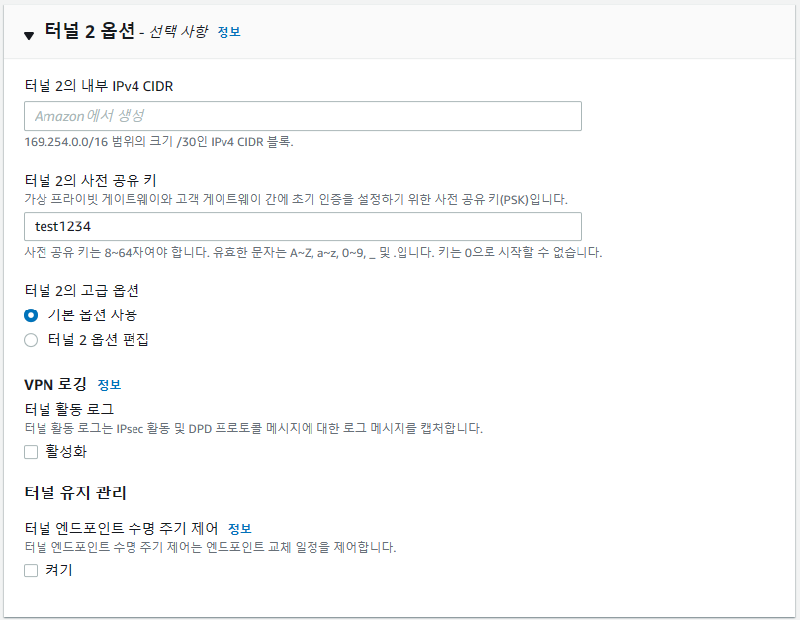 첫 번째 VPN 연결의 터널 2 옵션