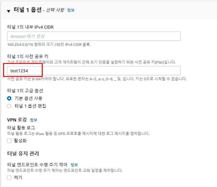 두 번째 VPN 연결의 터널 1 옵션