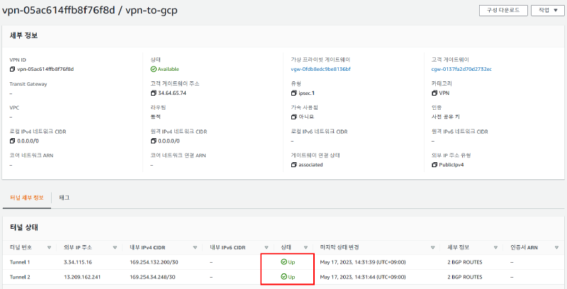 AWS VPN 연결과 터널 상태가 정상인 화면