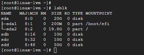 lsblk에서 10GB, 10GB, 50GB 추가 디스크를 확인한 화면