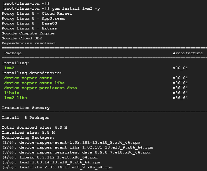 Rocky Linux에서 lvm2 패키지를 설치한 화면