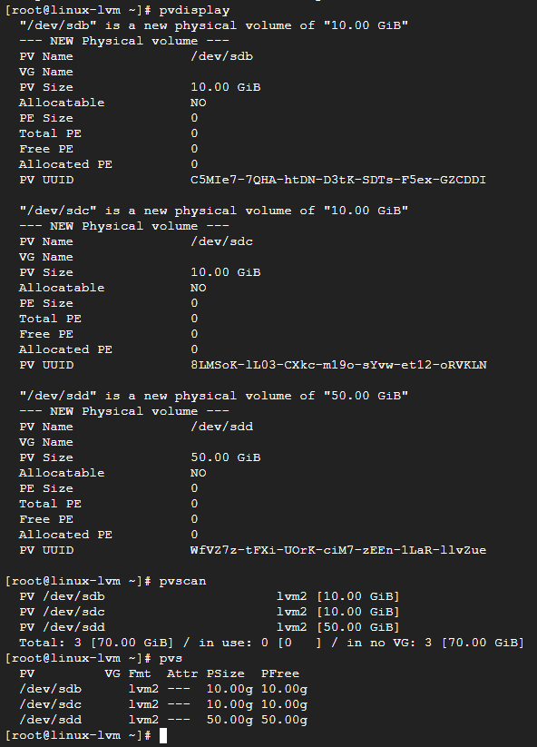 pvdisplay, pvscan, pvs로 세 개의 PV를 확인한 화면
