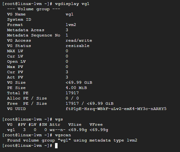vgdisplay, vgs, vgscan으로 vg1 상태를 확인한 화면