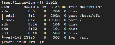 lsblk에서 LVM 논리 볼륨의 장치 구조를 확인한 화면