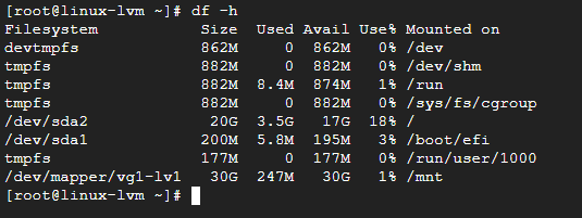 df 명령으로 30GB 논리 볼륨의 마운트 상태를 확인한 화면