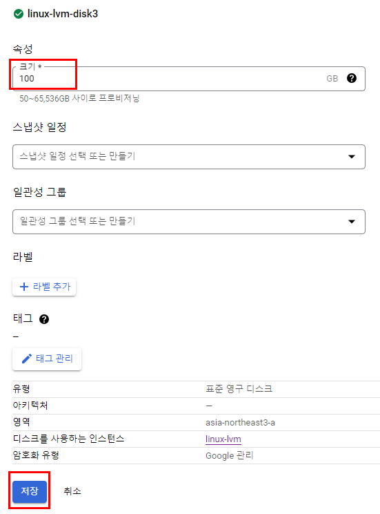 Persistent Disk 크기를 100GB로 변경하는 화면