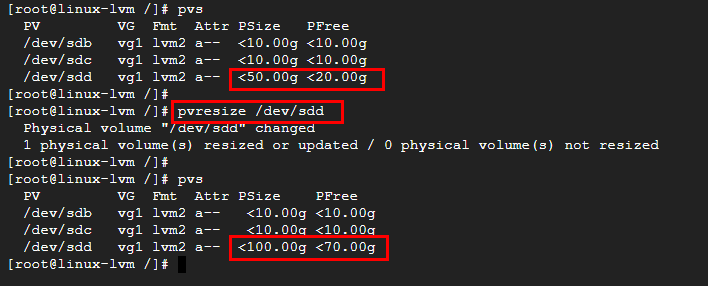 pvresize 후 sdd PV가 100GB로 확장된 화면
