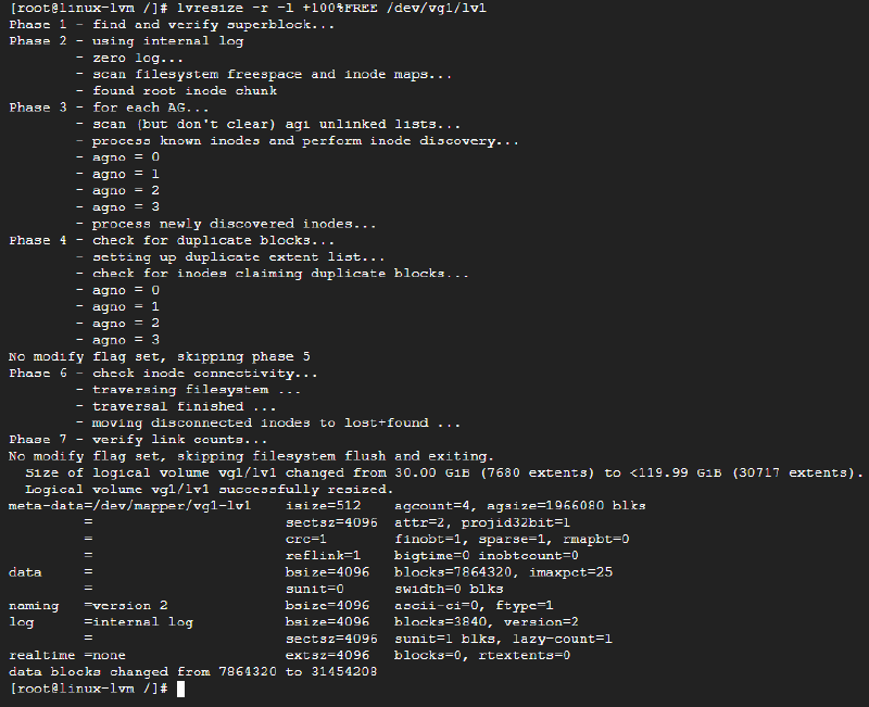 lvresize로 LV와 XFS 파일시스템을 약 120GB까지 확장한 화면