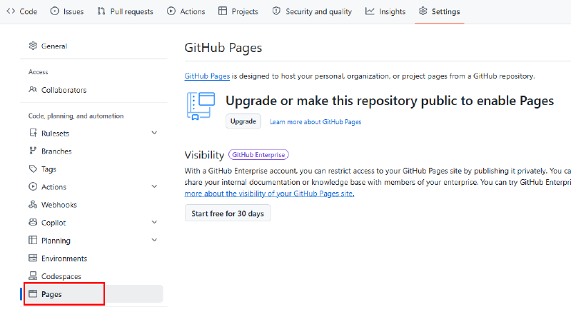 Private 저장소에서 GitHub Pages를 사용하려면 업그레이드하거나 Public으로 전환해야 한다는 안내