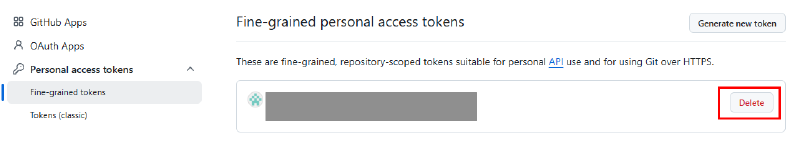 GitHub Fine-grained personal access tokens 목록에서 토큰을 삭제하는 버튼