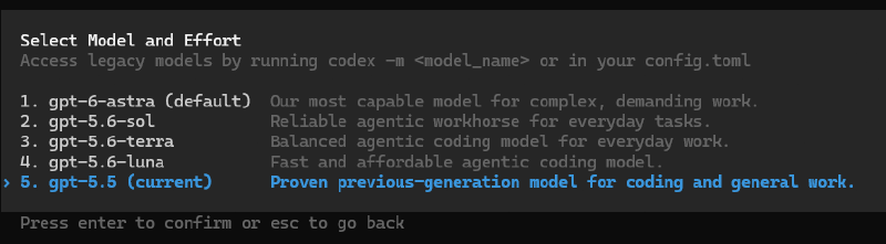 Codex의 모델 선택 목록과 현재 선택된 gpt-5.5 모델