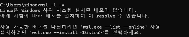 wsl -l -v 실행 결과 설치된 Linux 배포판이 없다고 표시된 화면