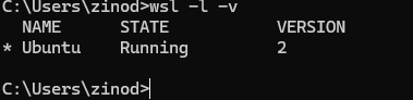 Ubuntu가 WSL 버전 2로 실행 중인 것을 확인한 화면