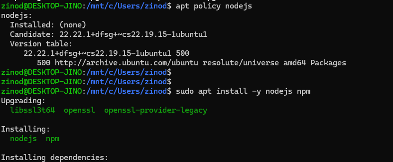 apt에서 Node.js 설치 후보를 확인하고 nodejs와 npm을 설치하는 화면