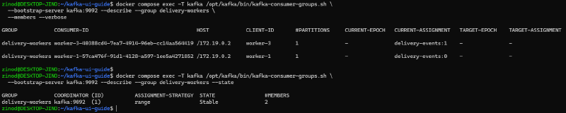worker-2 종료 후 worker-3이 파티션 1을 맡고 그룹이 멤버 2명의 Stable 상태가 된 화면