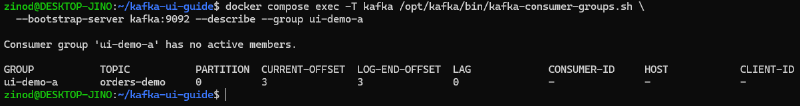 활성 소비자가 없는 ui-demo-a 그룹에 CURRENT-OFFSET 3과 LOG-END-OFFSET 3, LAG 0이 남아 있는 터미널