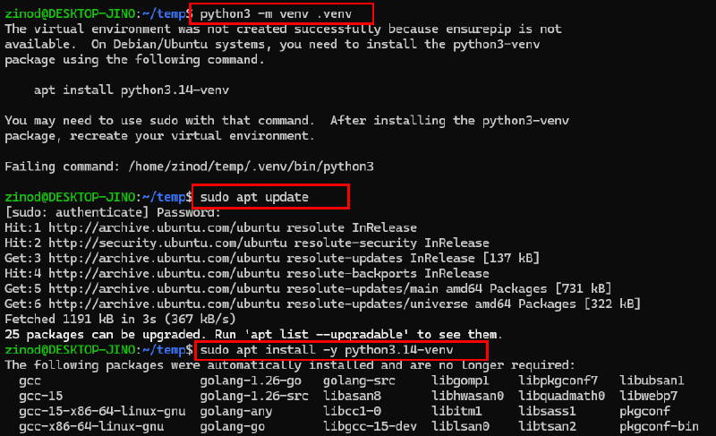 Python 가상환경 생성 시 ensurepip 오류가 발생하고 python3.14-venv 패키지를 설치하는 화면