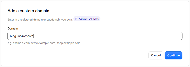 Cloudflare Pages 커스텀 도메인에 blog.jinosoft.com을 입력하는 화면