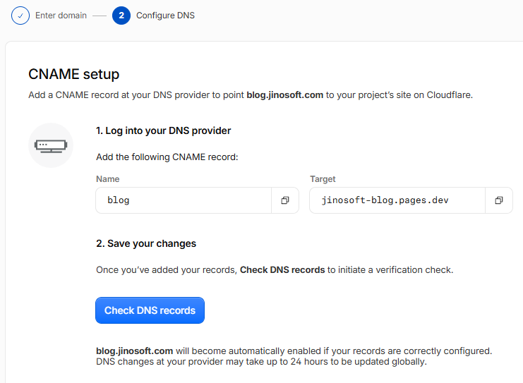 Cloudflare Pages가 blog 호스트를 jinosoft-blog.pages.dev로 연결하도록 안내하는 화면