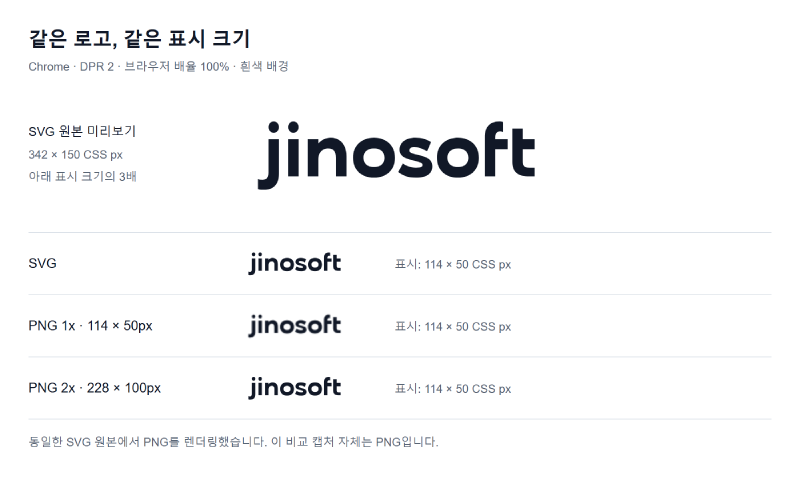 동일한 로고의 SVG 확대 미리보기와 114×50 CSS px로 표시한 SVG, PNG 1배 및 PNG 2배 해상도 비교