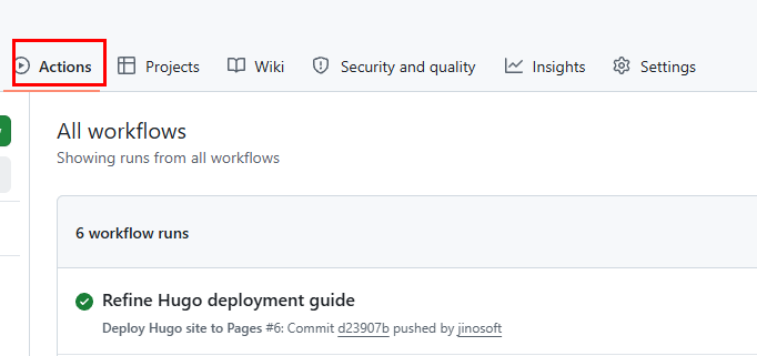 GitHub Actions에서 Hugo 배포가 성공한 화면